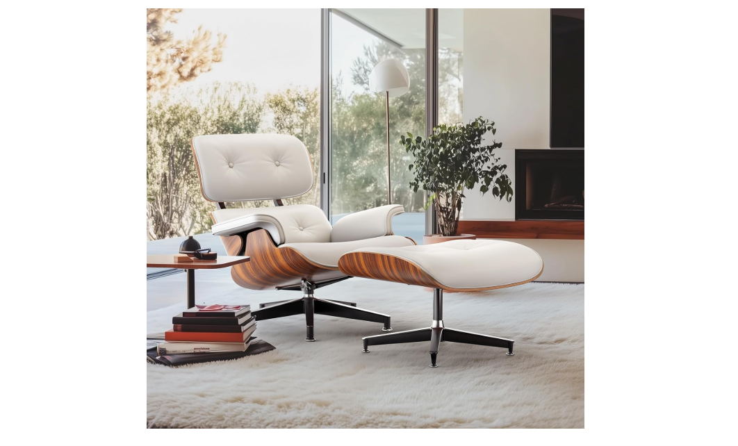 WOWT Top White PU Leather, Mid Century Chaise Lounge Chair and Ottoman, Modern Chair Classic Design, Palisander Wood, Heavy Duty Base Support for Living... 