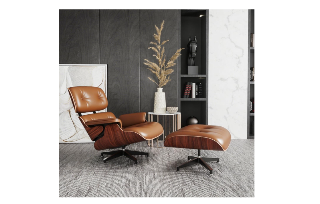 TigerParty Mid Century Chaise Lounge Chair with Ottoman, Top Black Grain Leather, Modern Office Chair Classic Design, Heavy Duty Base Support for Living... 