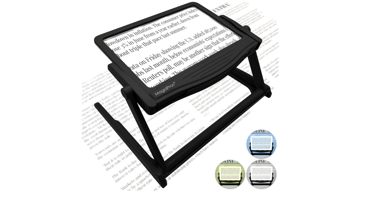 MAGNIPROS Patented 5X Large LED Page Magnifier with Detachable Stand | Eye Caring 3 Color Light Modes & Anti-Glare Lens to Reduce Eye Strain-Ideal for... 