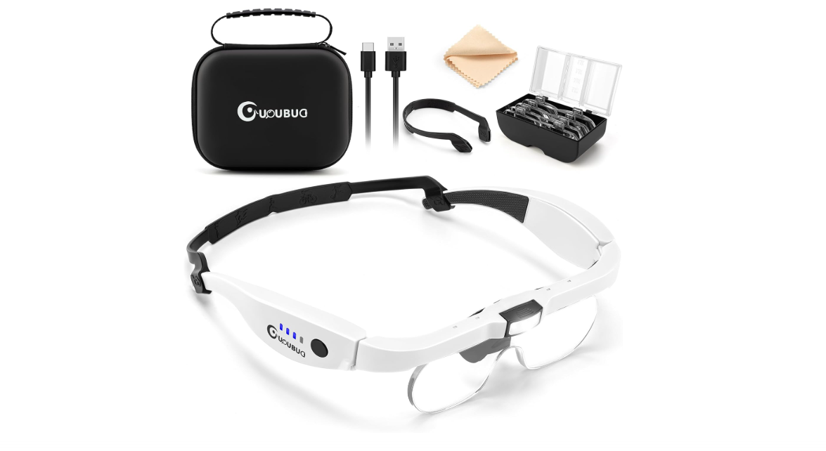 GUOUBUO Magnifying Glass with Light, 1.5X-5.0X Magnifying Glasses, Rechargeable Magnifier Headset with Light, Head Magnifier with 4 Detachable Lenses,... 