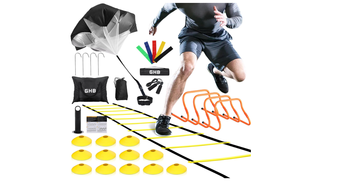 GHB Agility Ladder,Football Training Equipment Set,4 Agility Hurdles, 20 feet12 Rungs Speed Ladder,12 Disc Cones,Resistance Parachute, Jump Rope, 5...