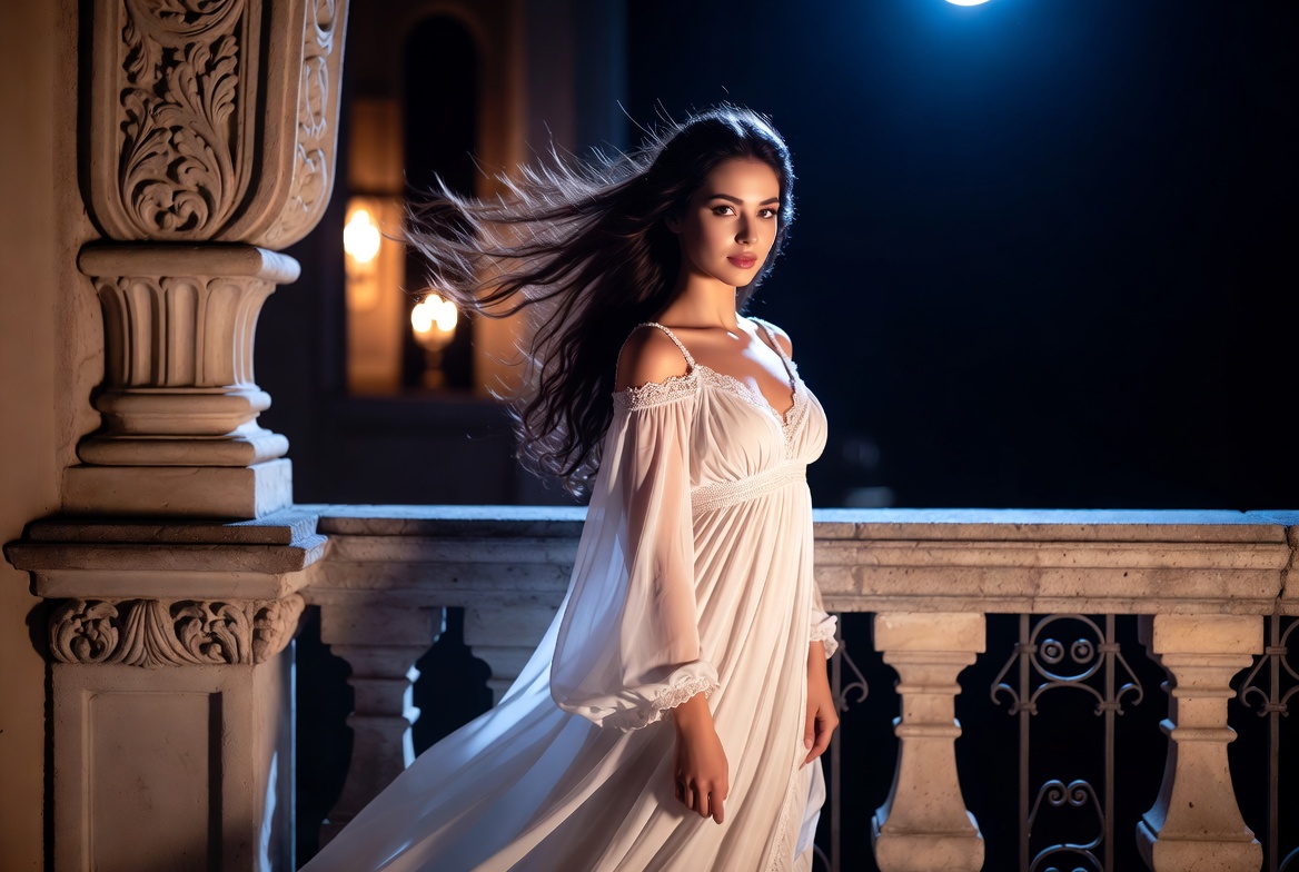 Juliet on the balcony performing her iconic soliloquy in Romeo and Juliet