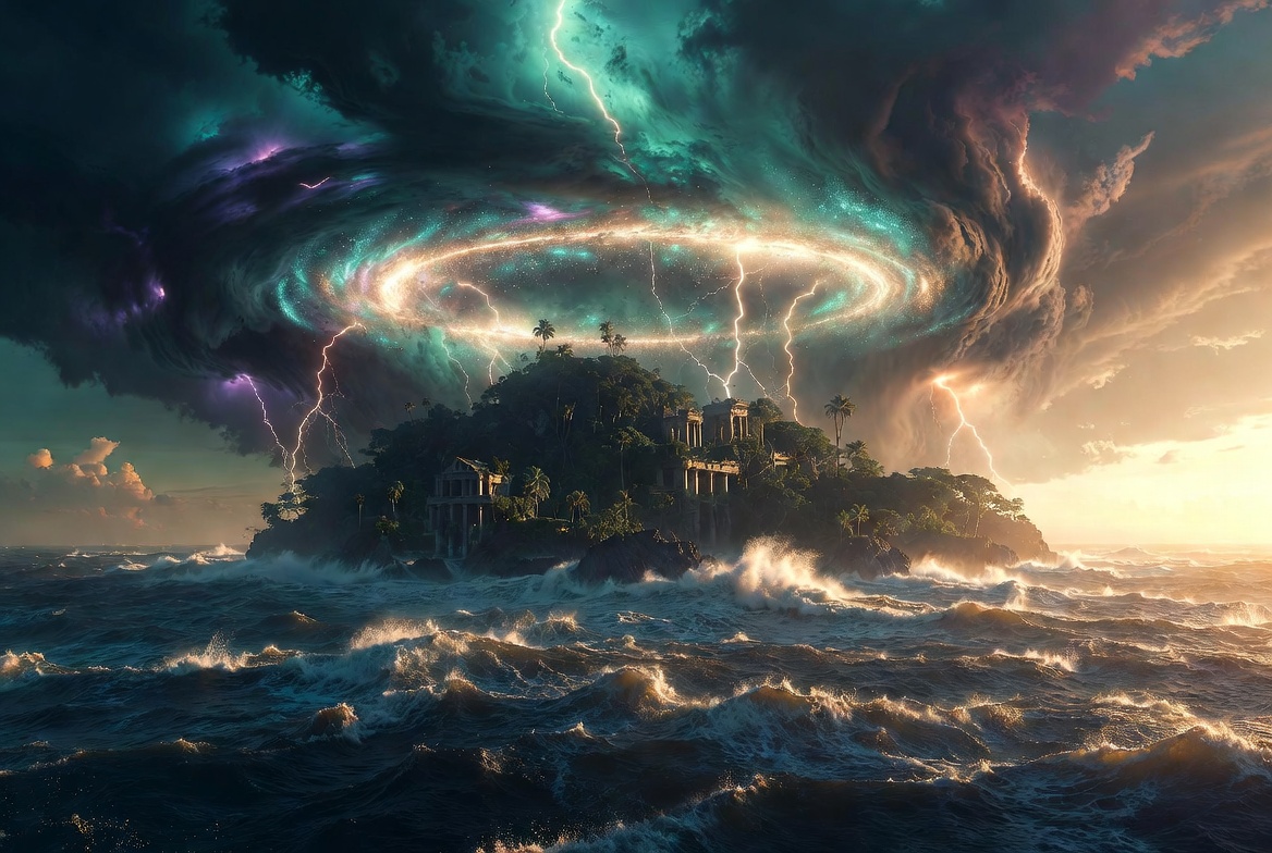 The Tempest mysterious island with magical storm and glowing light atmosphere