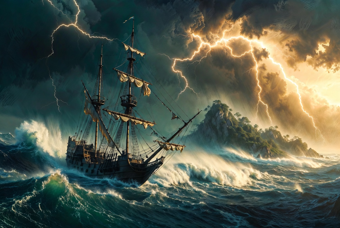 Sea Venture shipwreck in a violent storm inspiring Shakespeare's The Tempest
