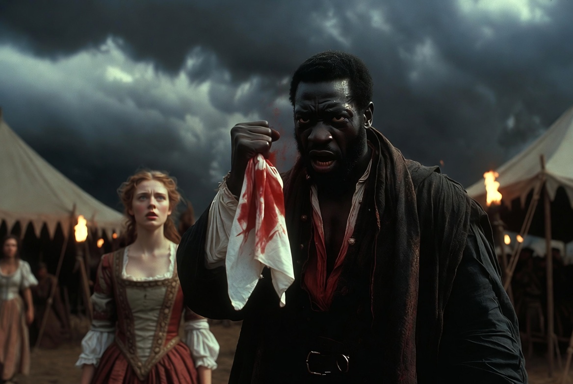 Othello holding the handkerchief in a dramatic jealous scene from Shakespeare play