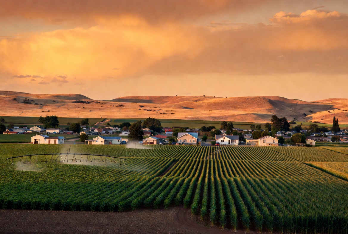 Aerial view of Othello Washington town and Columbia Basin farmland