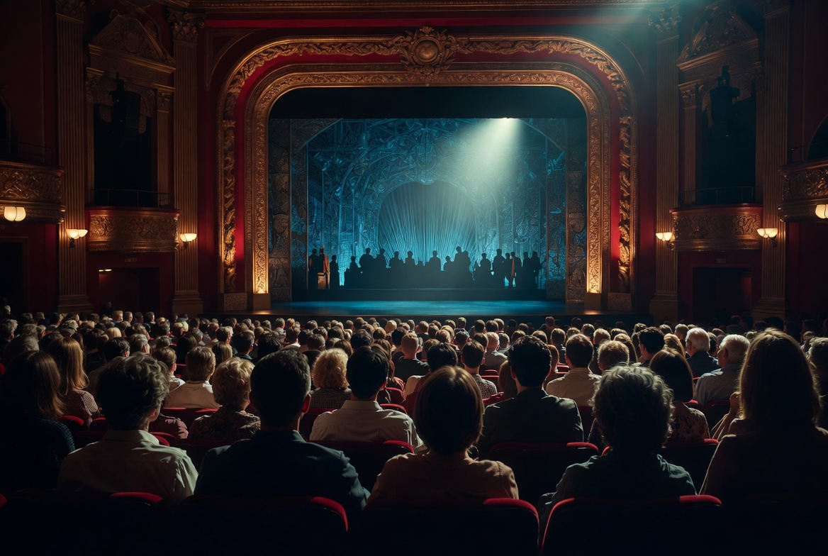 Diverse theater audience enjoying a dramatic Shakespeare performance on Broadway