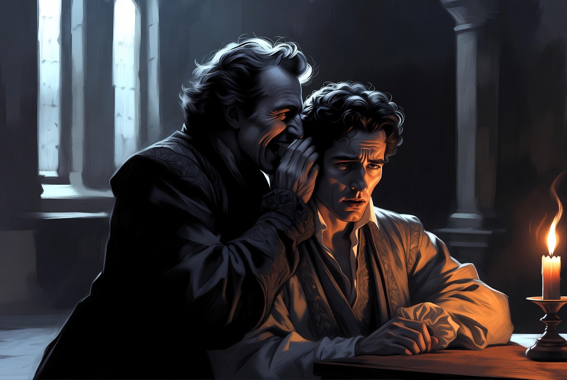 Dramatic scene showing Iago manipulating Othello in Shakespeare’s tragedy