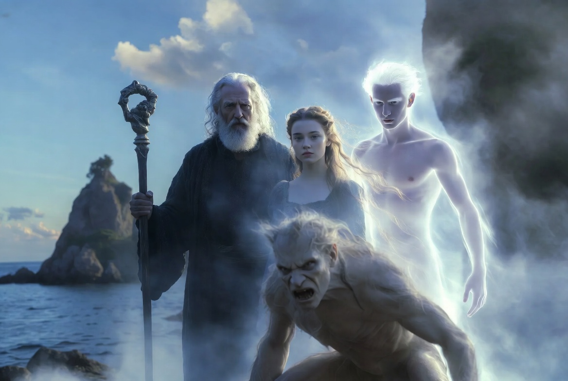 Main characters of The Tempest: Prospero, Miranda, Ariel, and Caliban