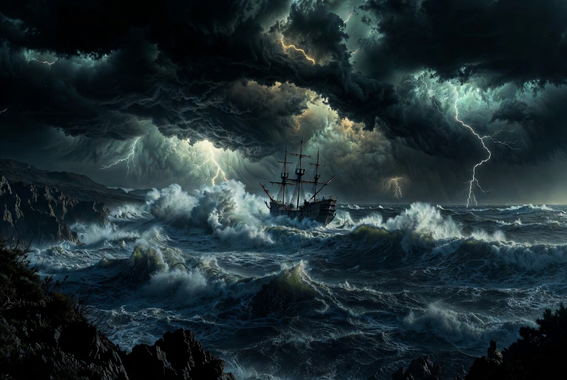 Turbulent sea storm foreshadowing tragedy in Othello Act 2 Cyprus