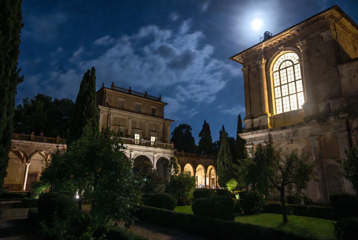 Moonlit Capulet orchard and balcony setting in Romeo and Juliet