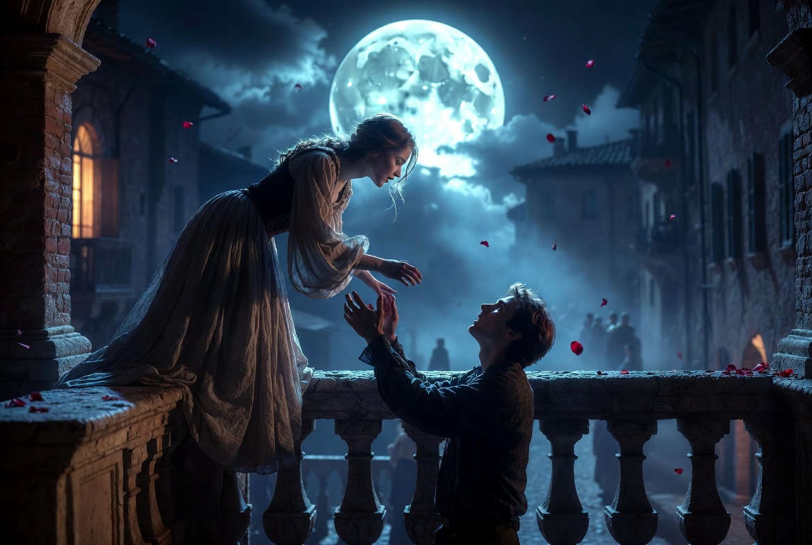 Romeo and Juliet balcony scene at night with dramatic moonlight and rose petals