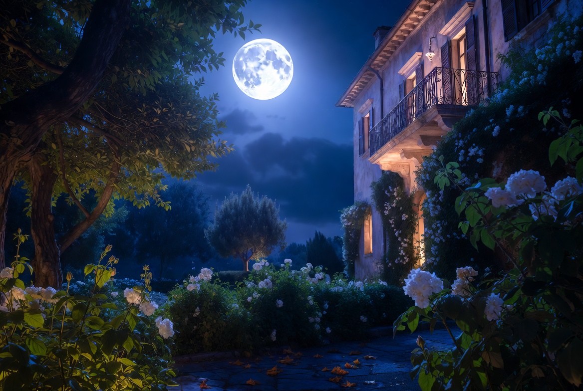 Romeo and Juliet balcony scene setting in Capulet orchard at night