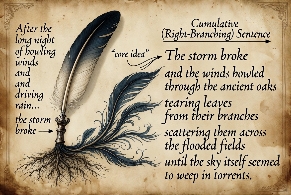 A conceptual, close-up photograph of an antique vellum scroll on a desk, where flowing, dark ink patterns branch and sprout horizontally from left to right like an expanding vine, visually symbolizing the growth of cumulative, right-branching sentence structure used by Shakespeare.