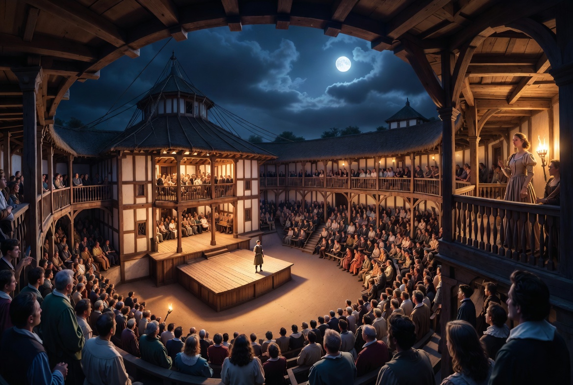 Original Elizabethan staging of Romeo and Juliet balcony scene at the Globe Theatre