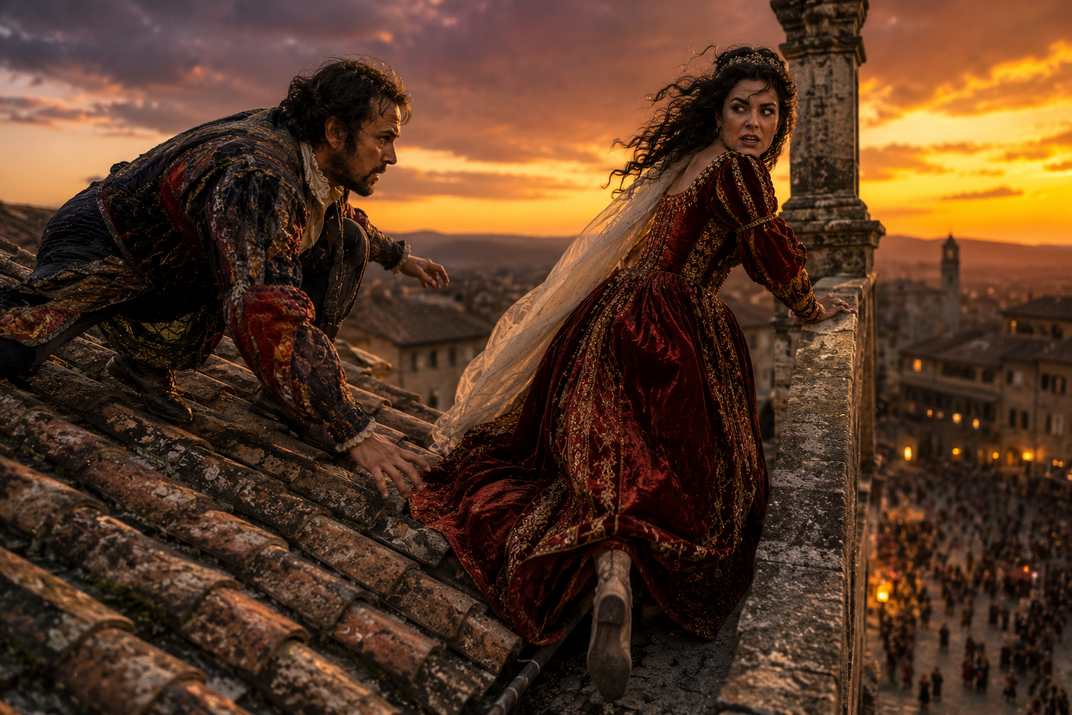 A high-quality action still from Zeffirelli's 1967 'The Taming of the Shrew' film, depicting Richard Burton chasing Elizabeth Taylor across a Renaissance rooftop at sunset.