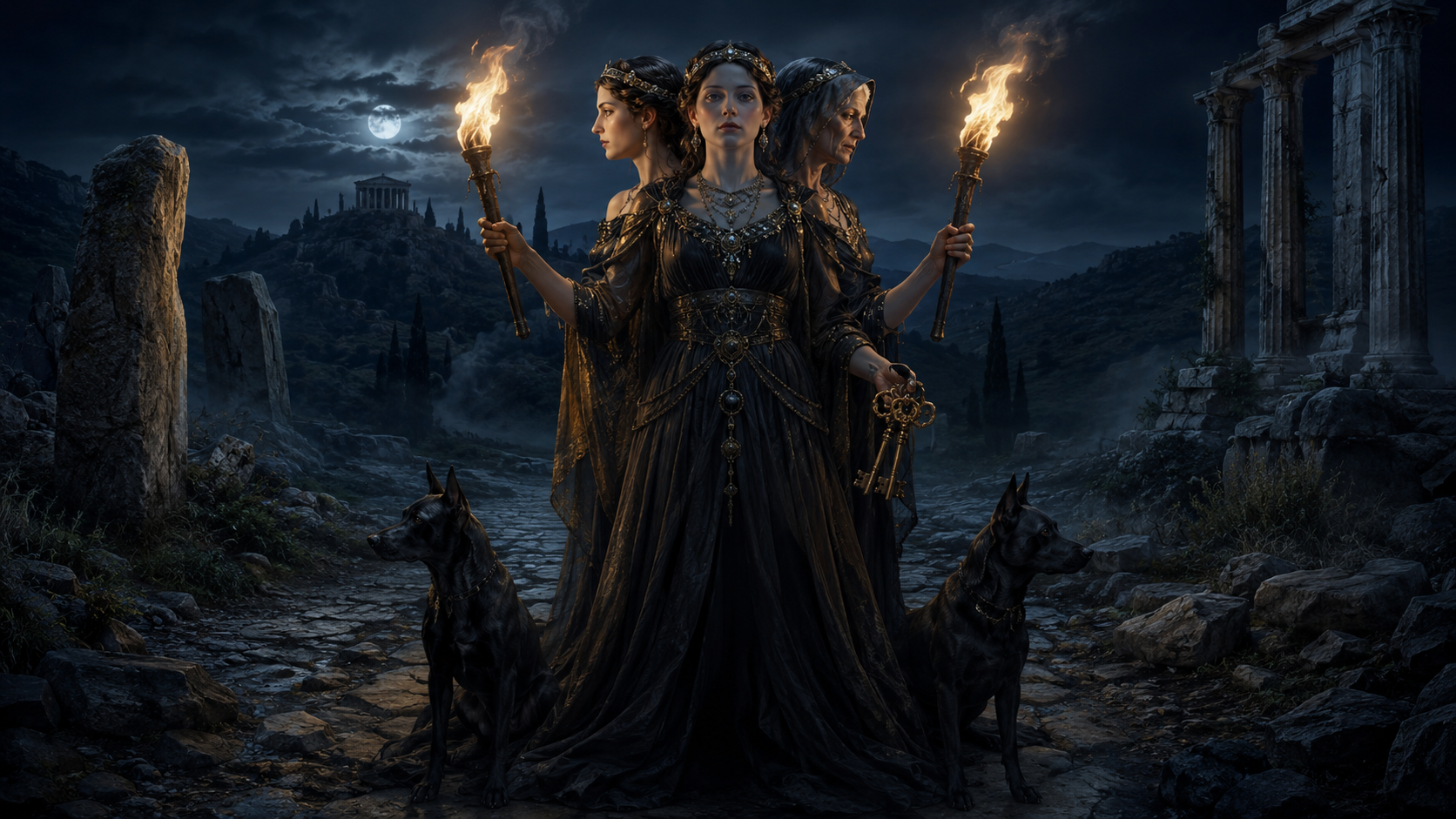 Hecate Greek mythology triple goddess with torches keys and dogs at crossroads