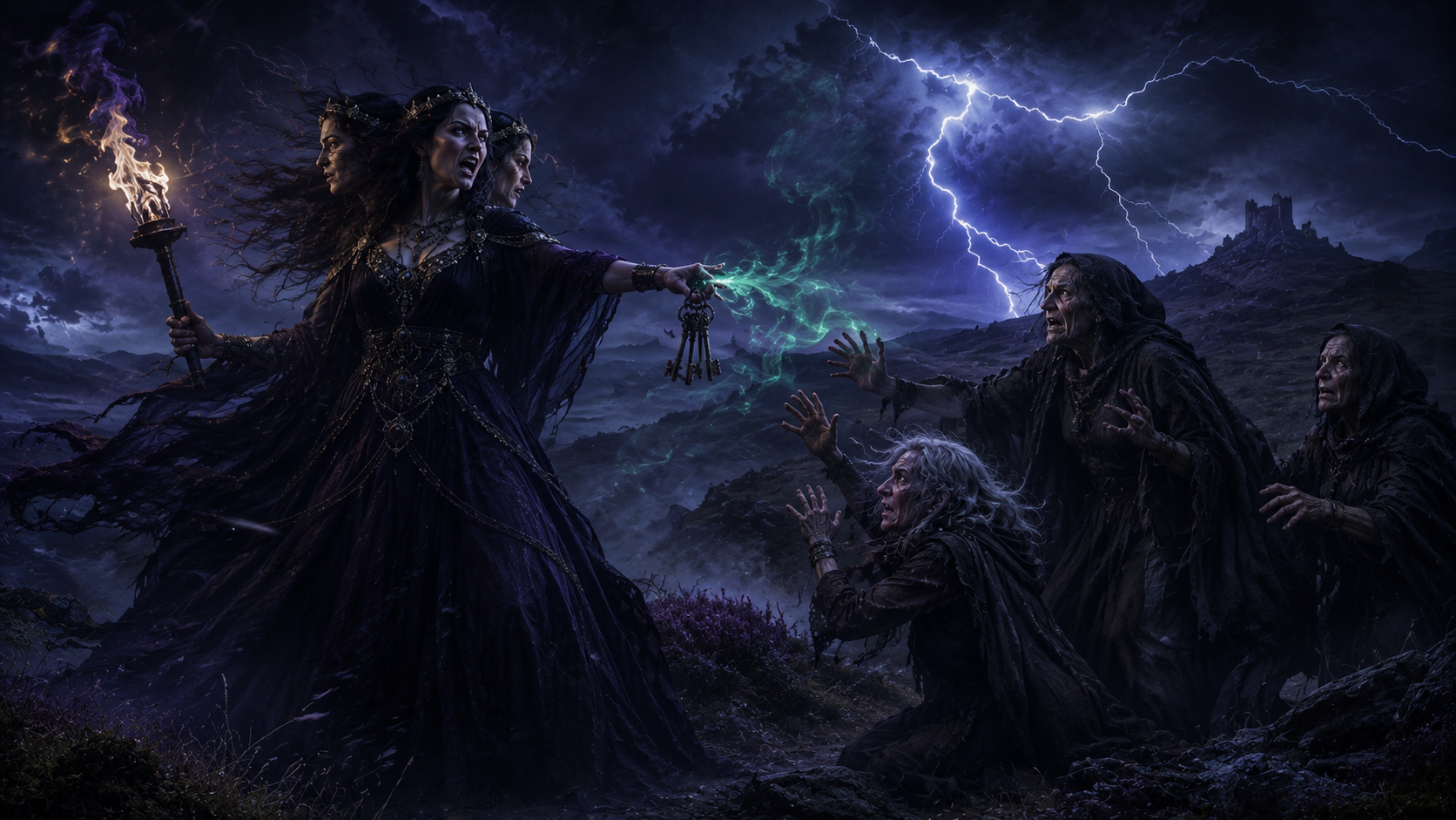 Hecate rebuking the three witches in Act 3 Scene 5 of Macbeth stormy heath