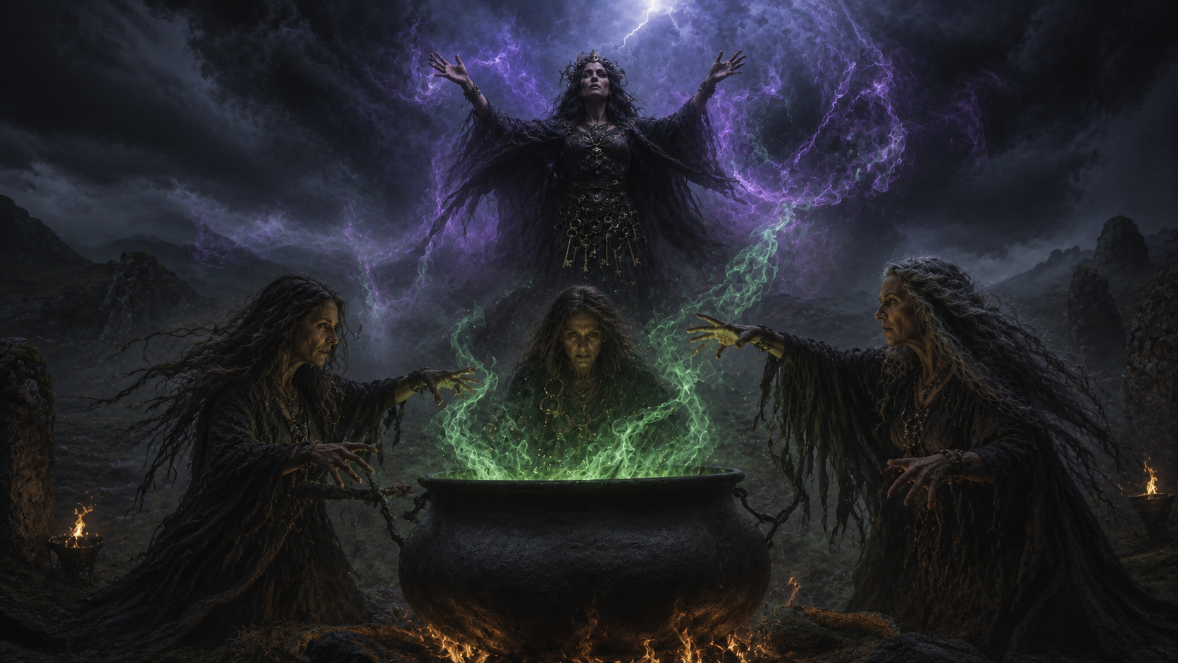 Macbeth drawing of witches brewing magic potion in a cauldron