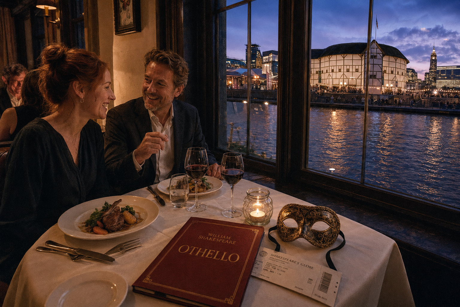 Elegant pre-theater dining at a restaurant overlooking the illuminated Shakespeare's Globe Theatre in London at twilight, capturing the atmosphere before an Othello performance.