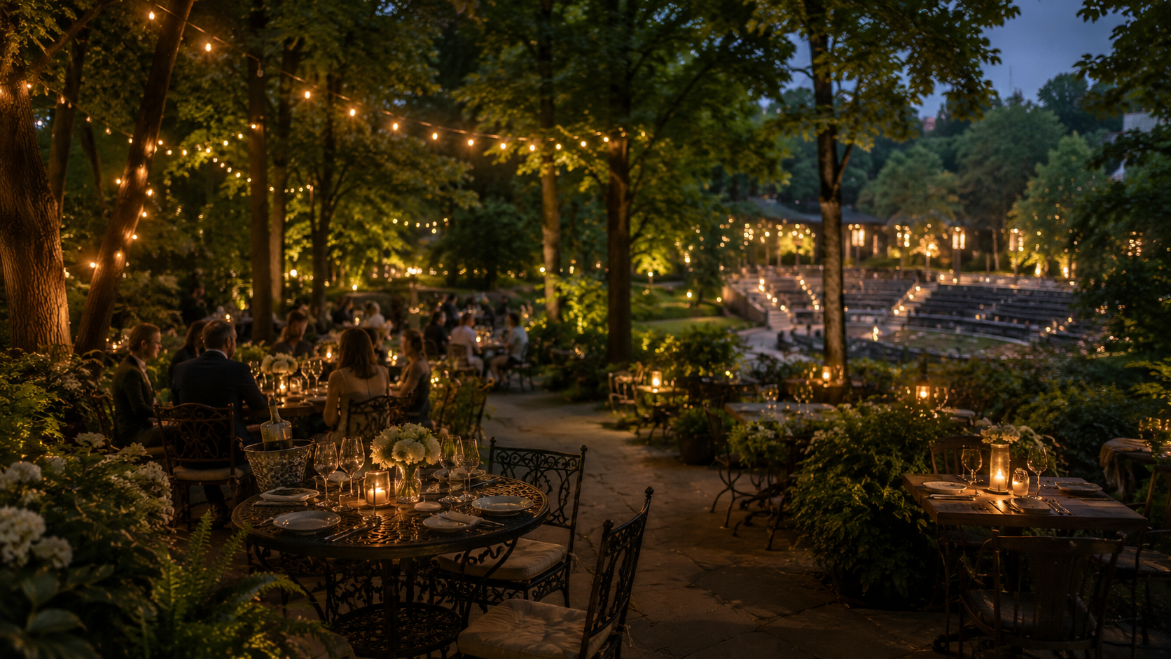 Enchanting evening outdoor patio dining setting within Central Park, New York City, showing the unique atmosphere for pre-theater meals near the Delacorte Theater.