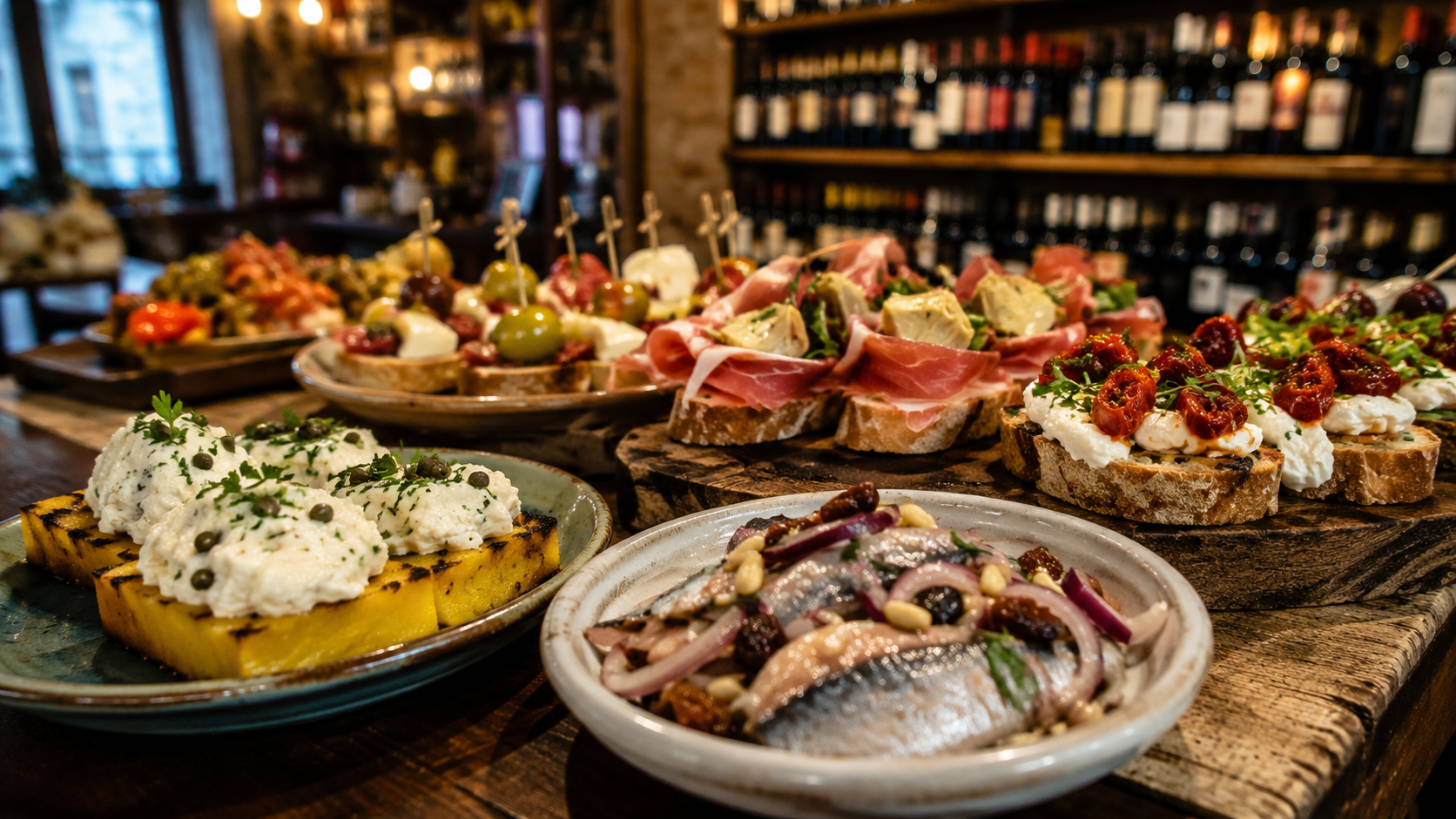 Colorful close-up photograph of assorted authentic Venetian Cicchetti small plates, illustrating thematic pre-theater dining for Othello fans.