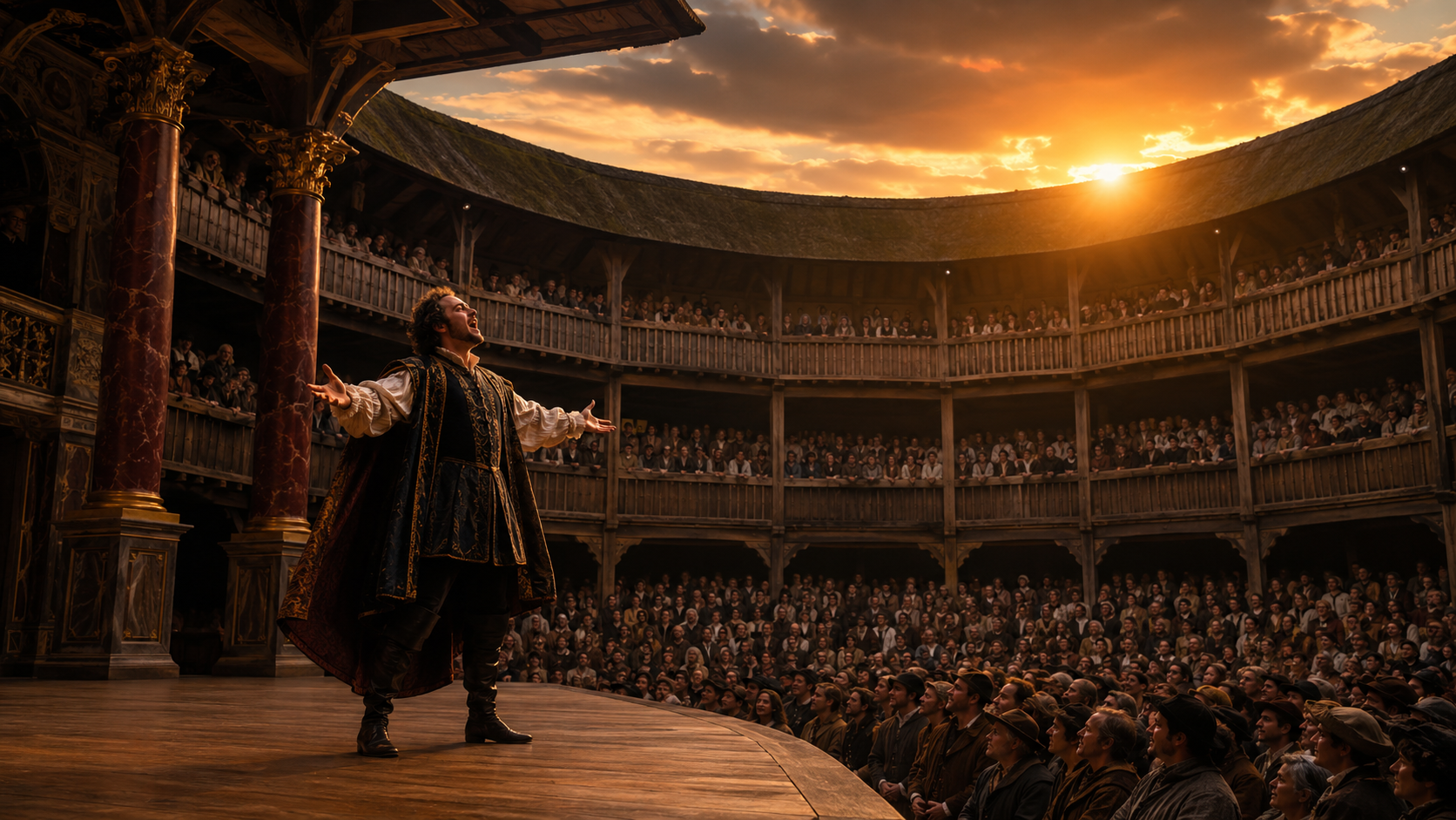 Cinematic view of a Shakespearean actor projecting voice on an Elizabethan stage under golden hour light.