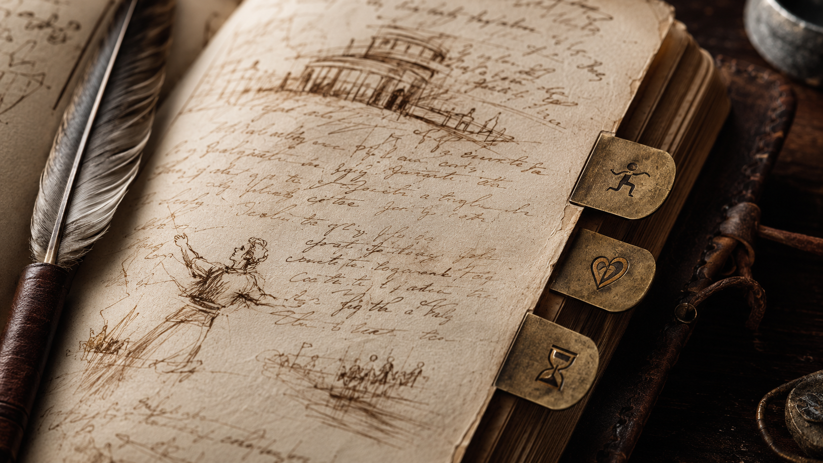 Close-up of a poet's notebook with quill, sepia ink handwriting, and categorized brass index tabs.