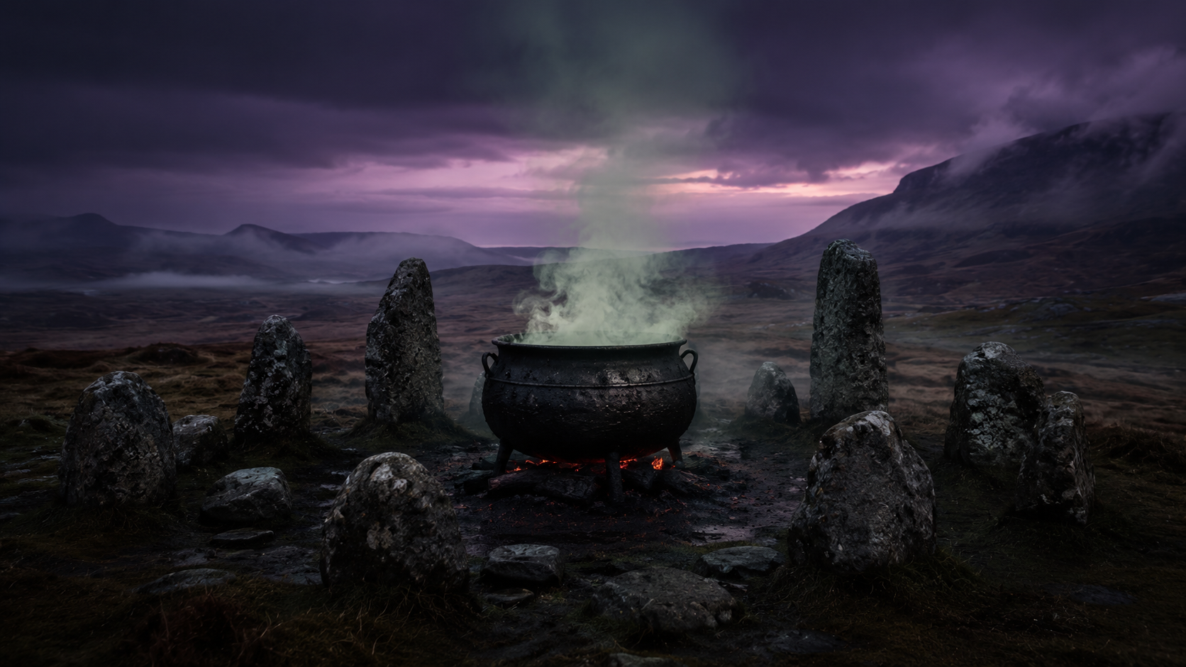 Dark and moody atmospheric image of a witch's cauldron in a misty Scottish moor landscape.