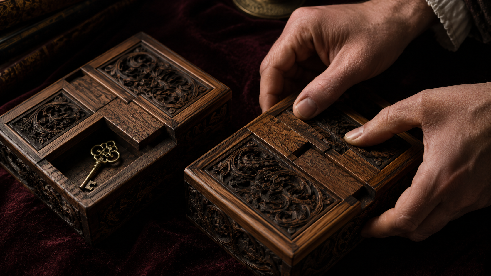 Close-up of refined hands locking antique carved puzzle boxes, symbolizing satisfying literary closure.