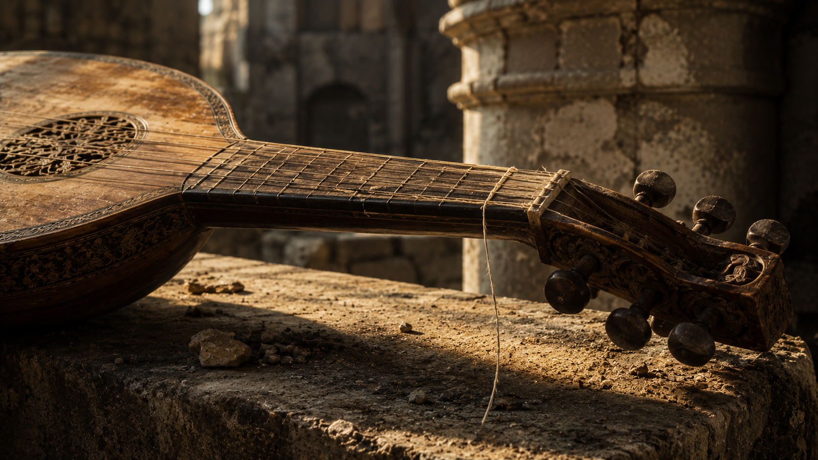 Close-up of an ancient lute with a snapped, frayed string symbolizing broken musical rhythm.