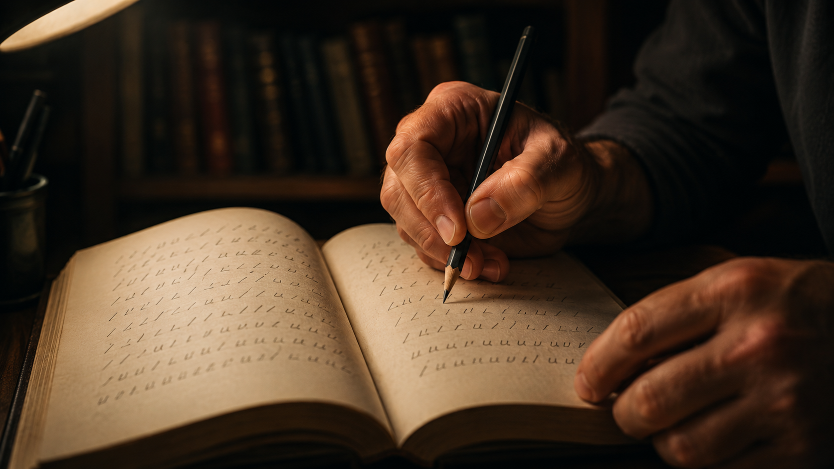 A close-up of hands using scansion marks (slashes and curves) on a Shakespearean script to decode iambic pentameter rhythm.