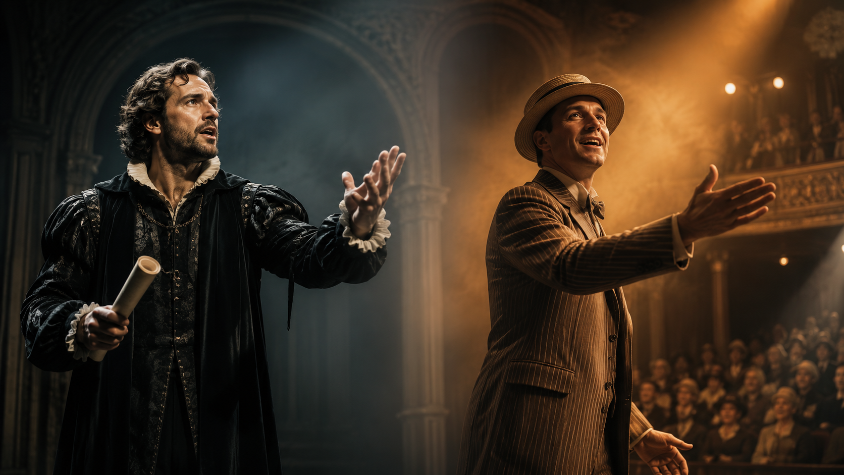 Juxtaposed images comparing a classical Shakespearean orator with a dynamic Meredith Willson Traveling Salesman performing powerful stage rhetoric.