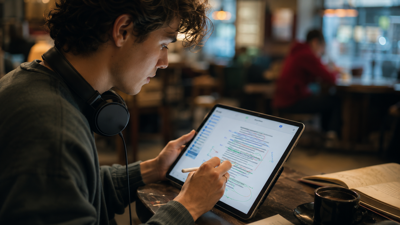 A modern theatre student studying and marking up a digital PDF of 'The Music Man' libretto on a tablet with a stylus.