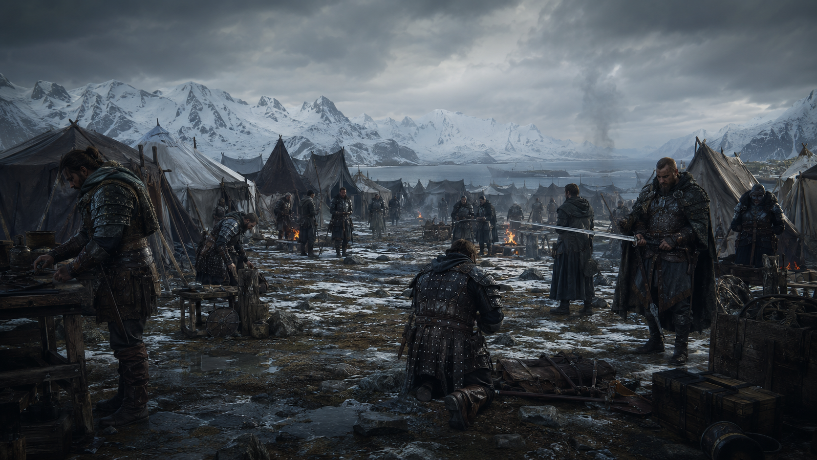 Medieval soldiers and mercenaries gathering in a snowy camp representing Fortinbras's rogue army in Shakespeare's Hamlet.
