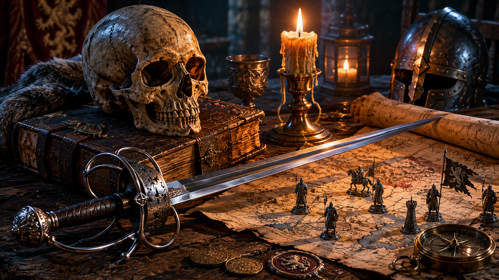 A skull, a fencing rapier, and a military map symbolizing the three foils Hamlet, Laertes, and Fortinbras.