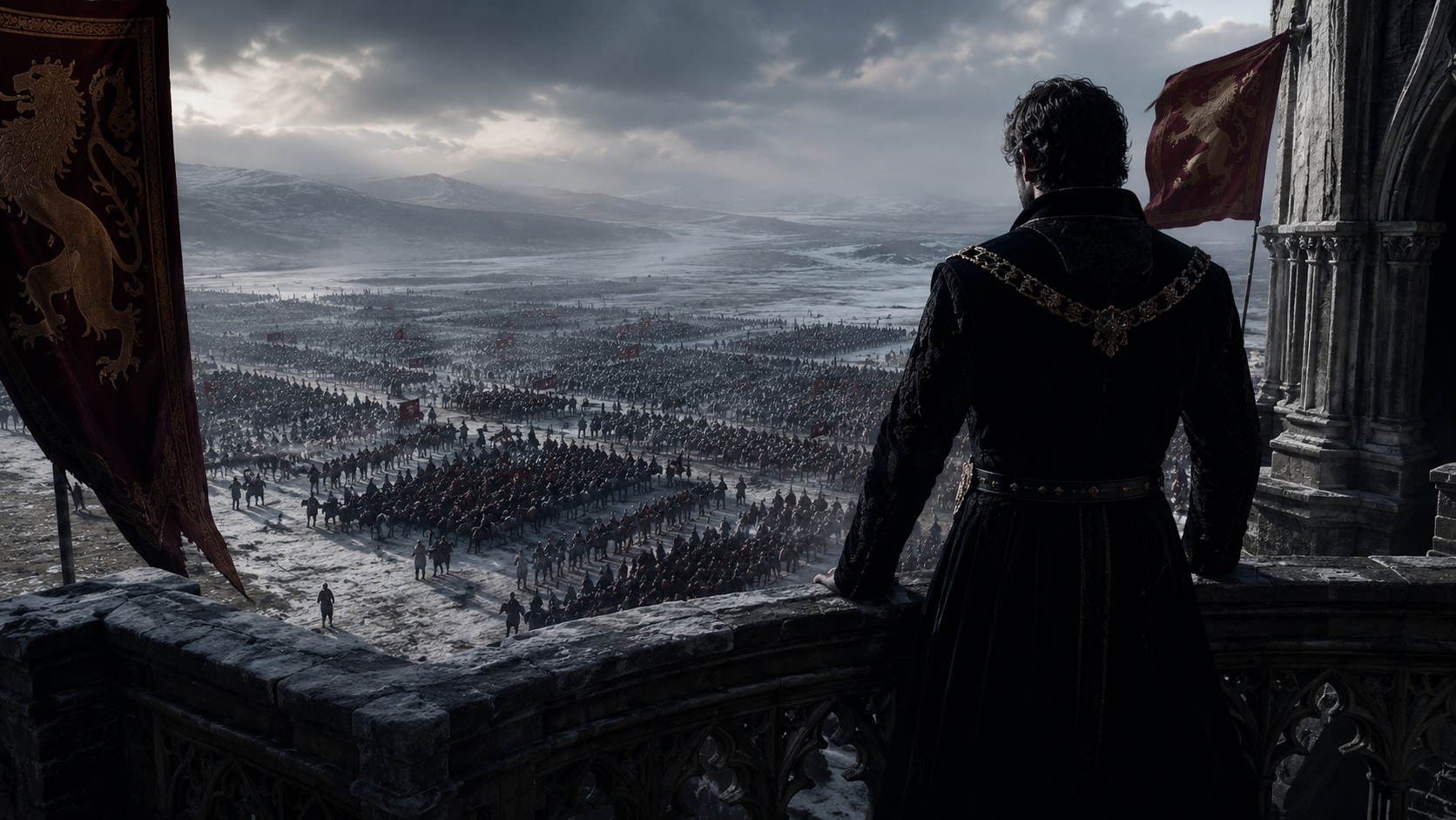 Prince Hamlet looking down from a castle balcony at Fortinbras and his army marching towards Poland.