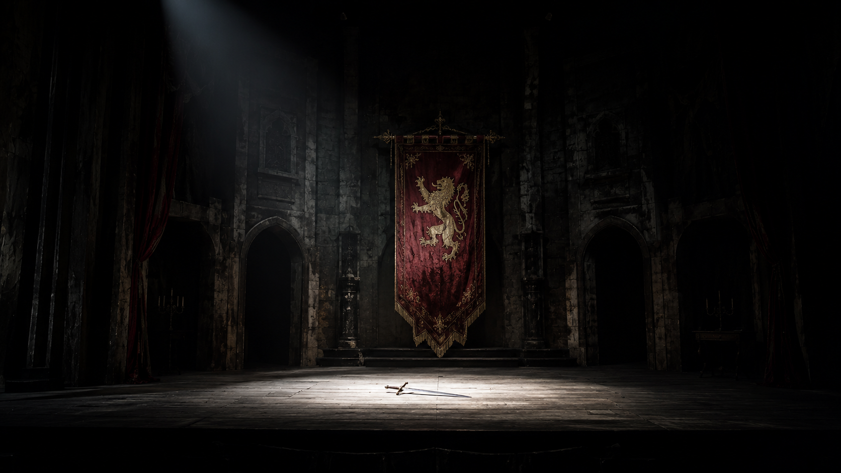 A dramatically lit, empty theatrical stage set for Hamlet, representing the directorial choice to cut Fortinbras from the production