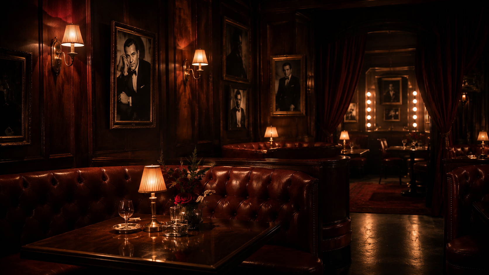 Dark mahogany wood and red leather booths showing the theatrical, moody ambiance of the hamburger hamlet restaurant.