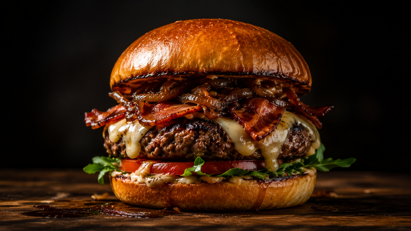 A gourmet, dramatically lit custom burger representing the elevated culinary menu at the hamburger hamlet restaurant.