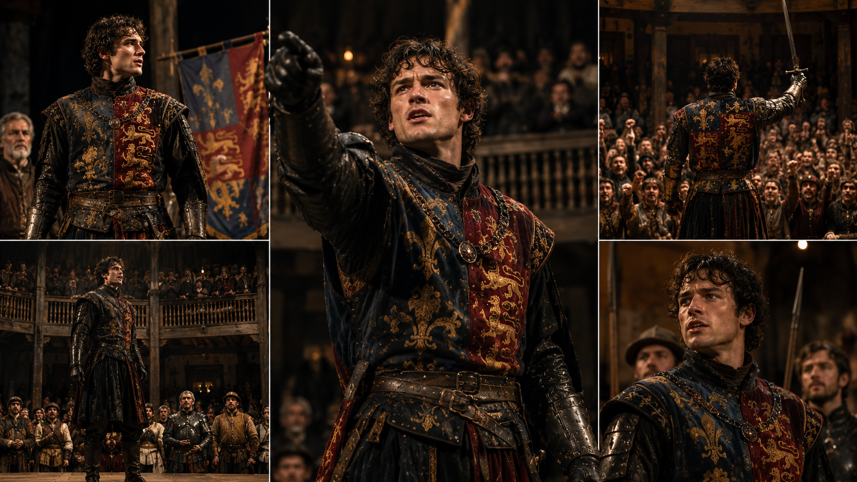 Thoughtful 16:9 symbolic image showing a young man in contemporary clothing looking thoughtfully into an antique mirror that reflects Prince Hal in Elizabethan attire transitioning into King Henry V in armor. Subtle background elements of books, a crown, and battlefield flags. Moody, introspective lighting with warm and cool tones, symbolic and artistic, high detail, no text.