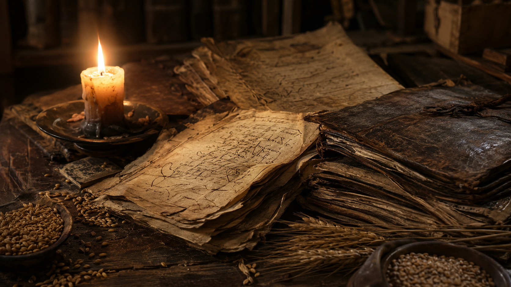 Documentos históricos antiguos y registros iluminados por velas en un archivo isabelino de Inglaterra.