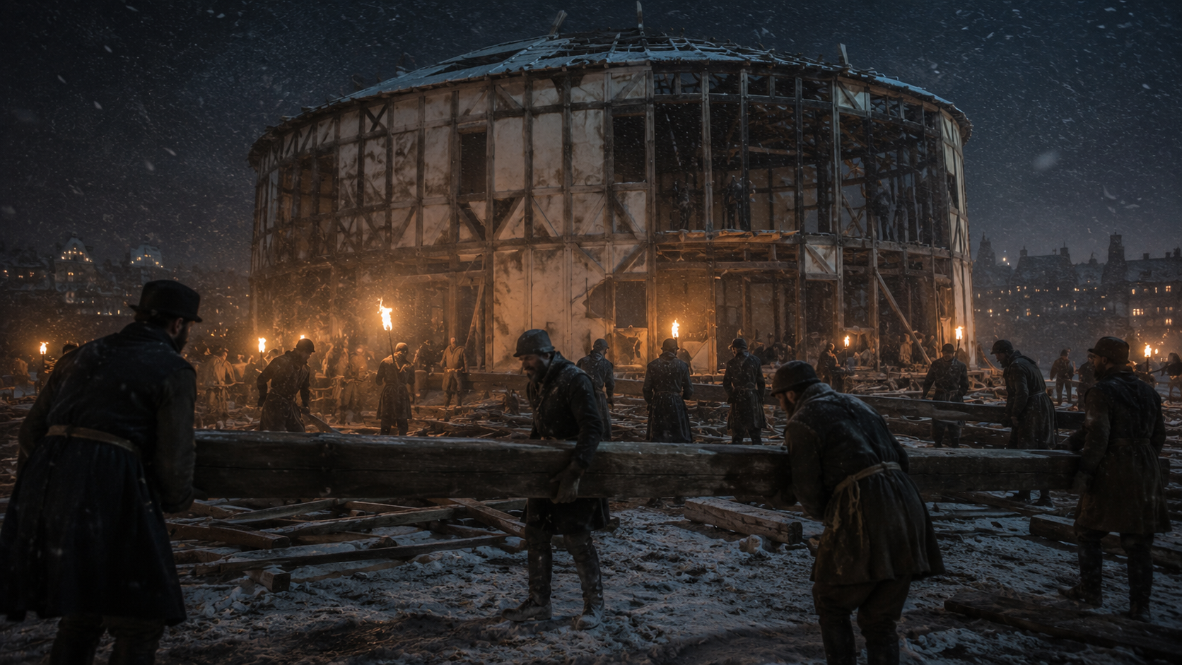 Hombres desmantelando en secreto un teatro de madera bajo la nieve en el Londres del siglo XVI.
