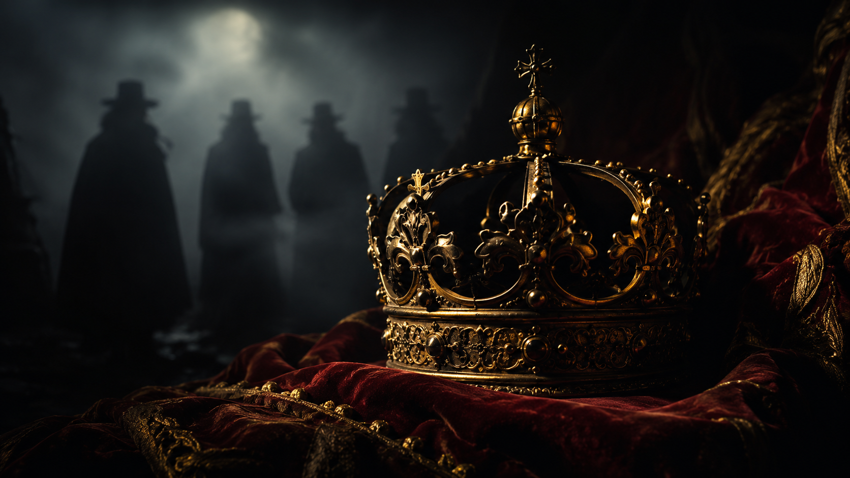 Corona real inglesa envuelta en sombras, simbolizando la tensión política y las intrigas en la obra literaria de Shakespeare.
