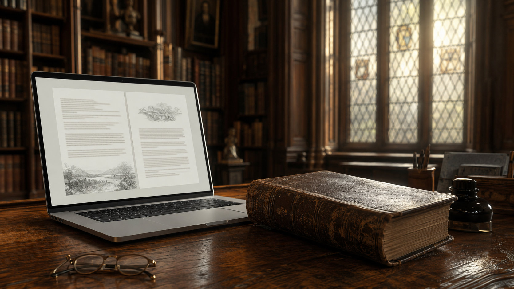 A laptop showing digital text pages in a classic library setting next to an antique book volume, representing academic study and modern resource access.