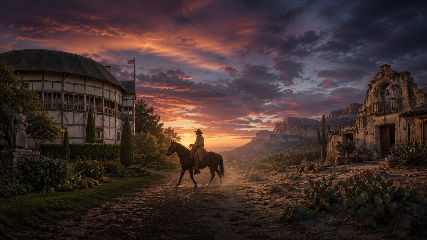 Conceptual photo merging Elizabethan theatre architecture and a Mexican hacienda under a dramatic sunset, symbolizing the fusion of classical and modern Western tragedy.