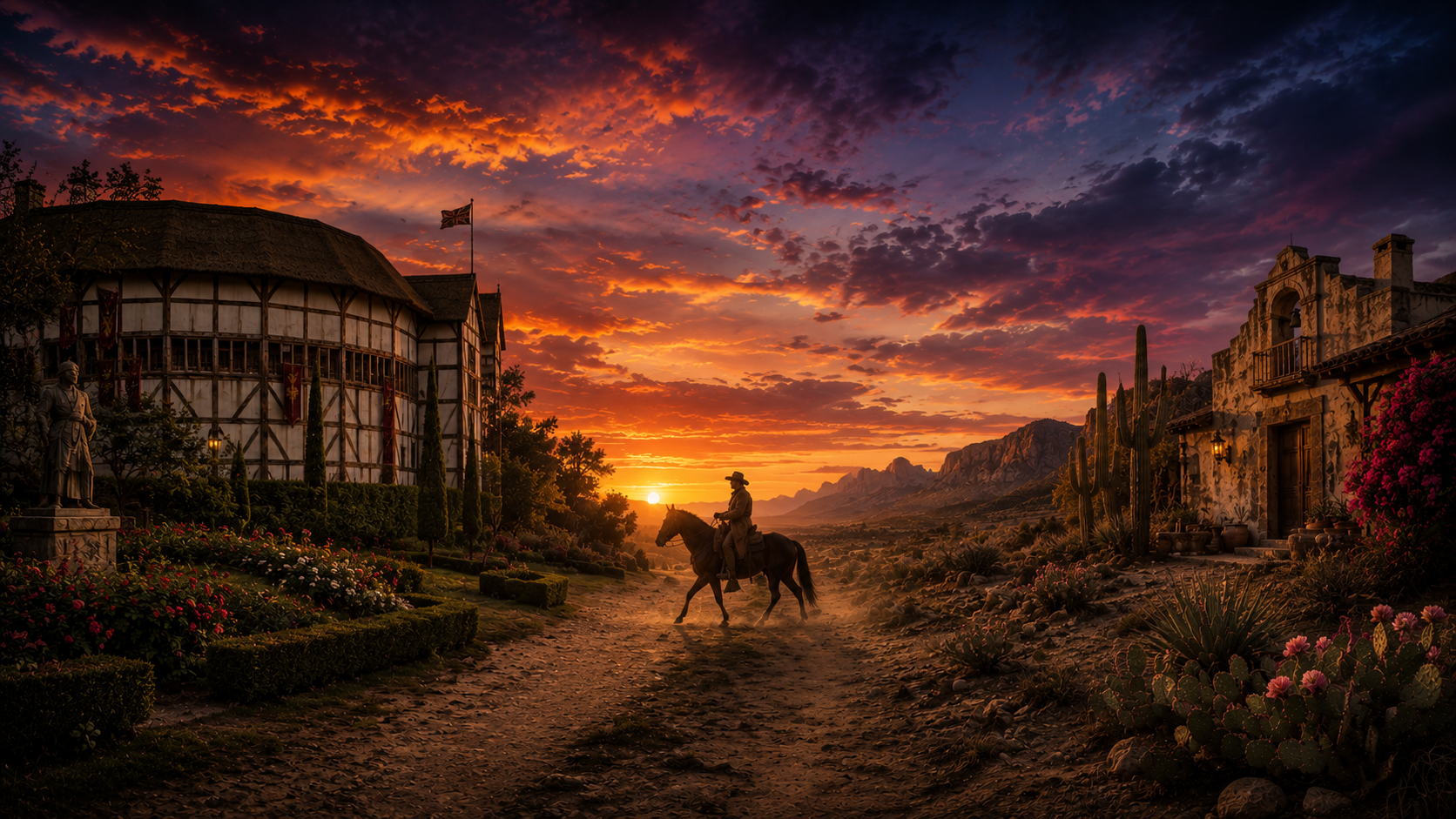 Cinematic close-up photograph of a young cowboy gazing at a woman through an ornate metal gate at dawn, representing forbidden, 'star-crossed' love.