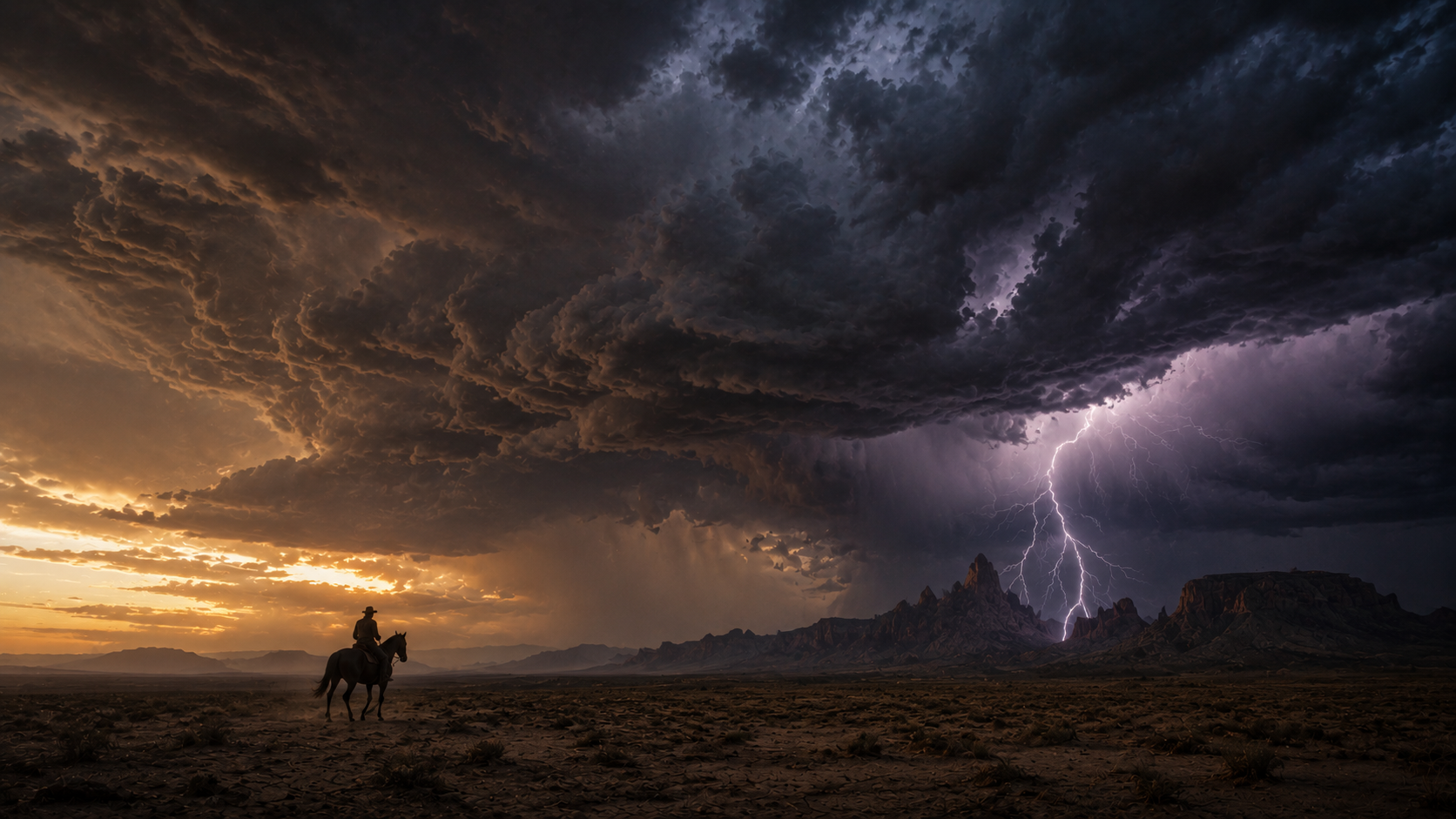 Epic night photograph of a solitary cowboy silhouette riding under an overwhelming, star-filled cosmic sky, symbolizing the themes of fate and deterministic forces.
