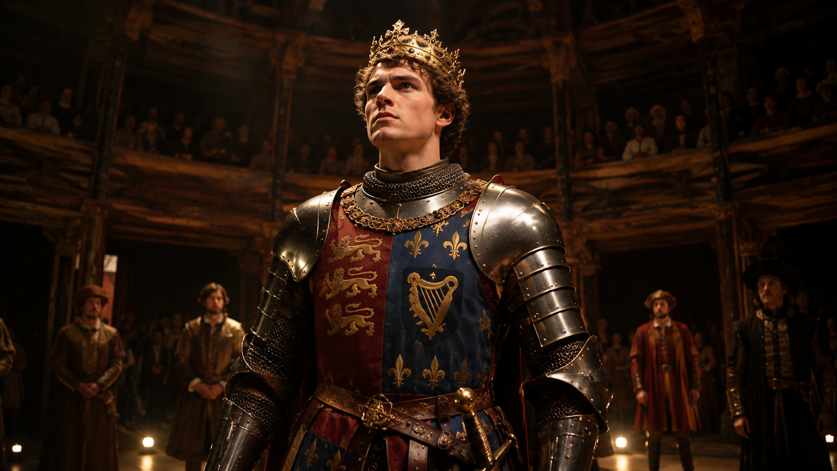 Shakespeare King Henry V on Elizabethan stage in royal armor