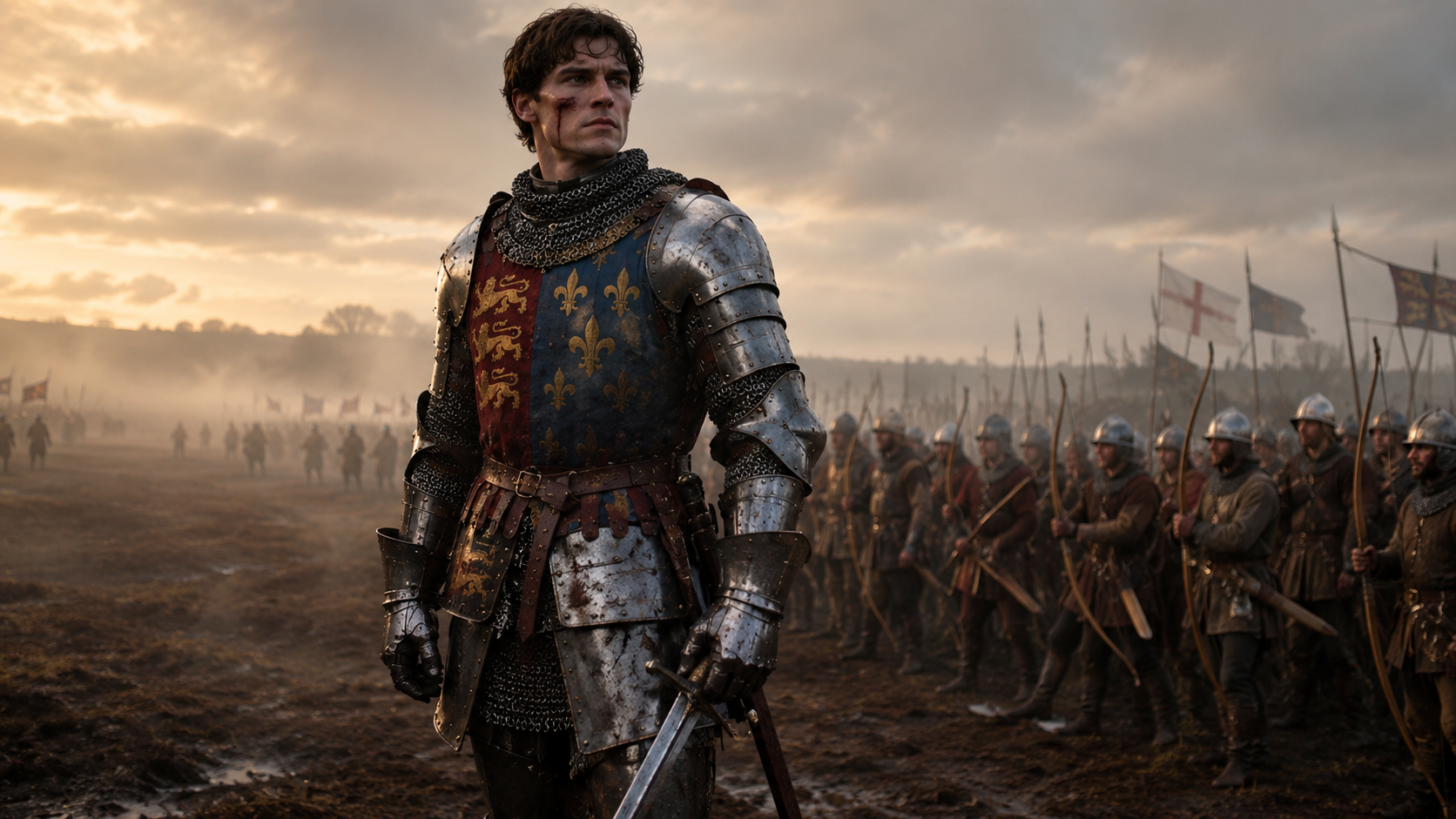 Historical portrait of tall King Henry V in medieval armor at Agincourt